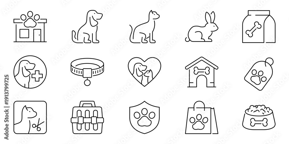 Fototapeta premium Set of veterinary clinic and pet care icons, including animals, food, and grooming symbols