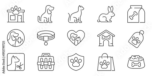 Set of veterinary clinic and pet care icons, including animals, food, and grooming symbols
