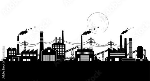 Industrial factory silhouette with smoke stacks and power lines.