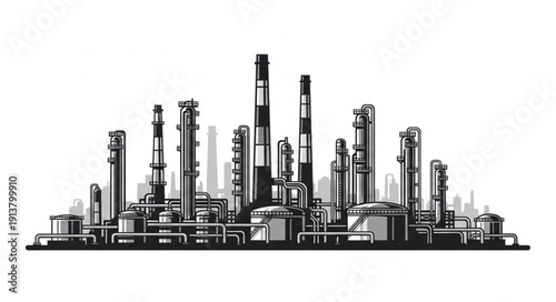 Industrial Factory Complex with Tall Chimneys and Buildings.