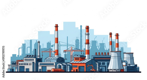 Industrial factory complex with tall chimneys and cooling towers.
