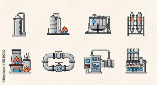 Industrial factory equipment and machinery icons set.
