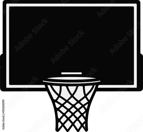 Silhouette of a basketball backboard and net against a white background