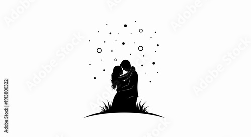 Silhouette of a couple embracing amidst scattered dots and circles