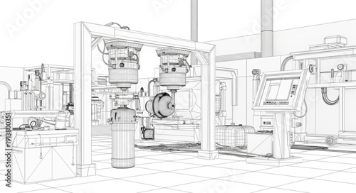 Industrial factory interior with machinery and equipment illustration.