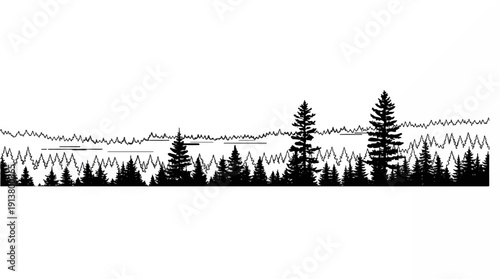 Silhouette of a dense evergreen forest with a jagged mountain range backdrop