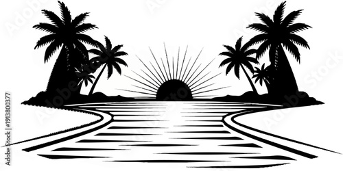 Silhouette of a tropical sunset with palm trees and reflective water