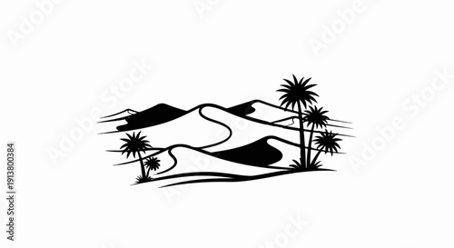 Silhouette of a desert landscape with rolling dunes and palm trees
