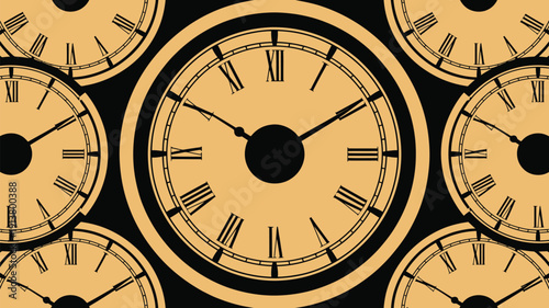 Multiple clock faces showing different times on black background