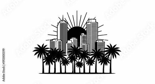 Silhouette of a vibrant city skyline framed by palm trees and a bright sun