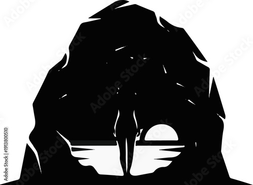 Silhouette of a woman standing by a rocky shore at sunset