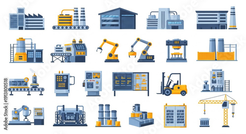 Industrial factory production line automation concept with various manufacturing elements.