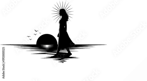 Silhouette of a woman with sun halo walks by a setting sun over water