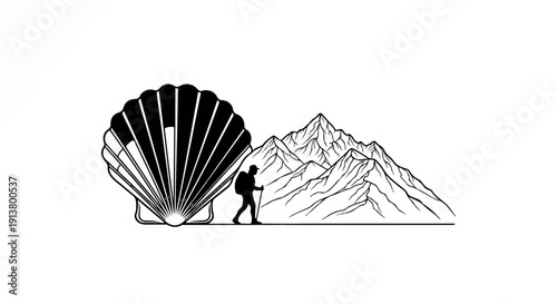 Silhouette of a hiker walking past a large scallop shell towards snowy mountains