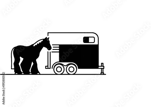 Silhouette of a horse standing next to a trailer on a white background
