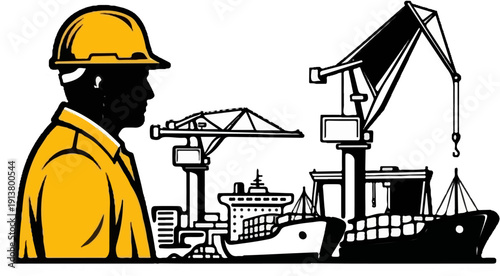 Silhouette of a worker in a yellow hard hat overlooks a busy port scene