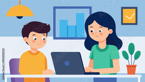 Illustration of a young boy and girl studying together at a table with a laptop, indoor setting featuring a plant and wall art in the background