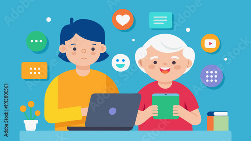 Young man and elderly man using laptop and tablet together, colorful social media icons and digital elements in the background, representing technology and connection