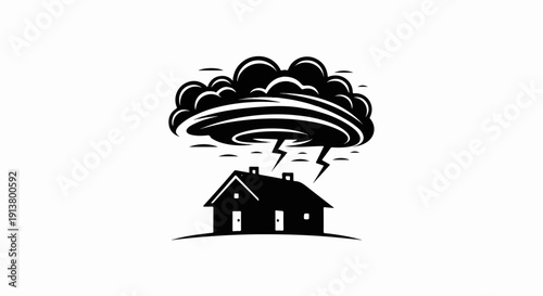 Silhouette of a house under a swirling storm cloud with lightning strikes