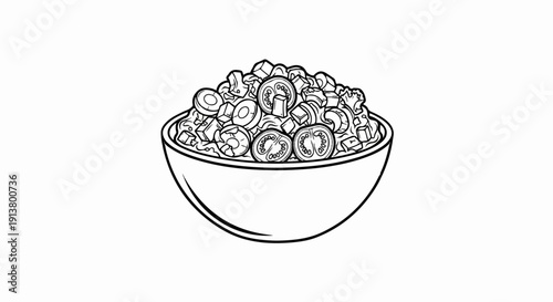 Simple line art drawing of a bowl filled with chopped vegetables and ingredients