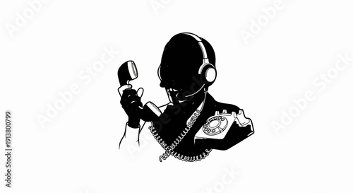 Silhouette of person in headphones holding telephone receiver to ear