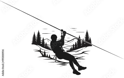 Silhouette of person ziplining through a mountainous, forested landscape