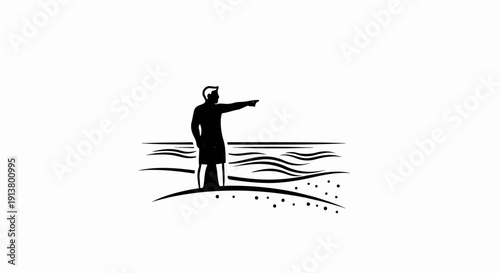 Silhouette of a person pointing towards wavy water on a beach