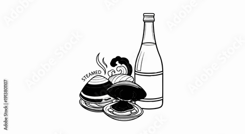 Steamed clams with a bottle of beverage and stylized waves