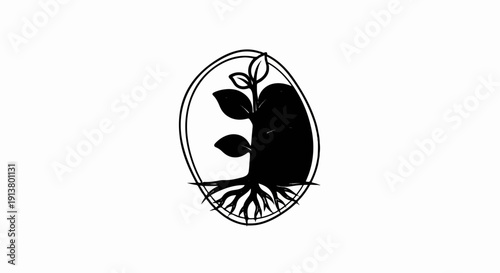 Silhouette of a plant with roots and leaves inside an oval frame