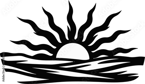 Silhouette of a rising sun with stylized rays over wavy lines