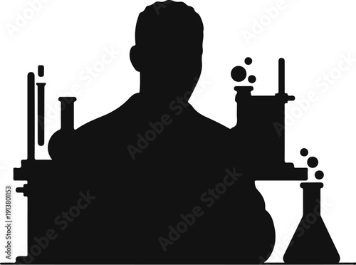Silhouette of a scientist in a lab with bubbling flasks and equipment