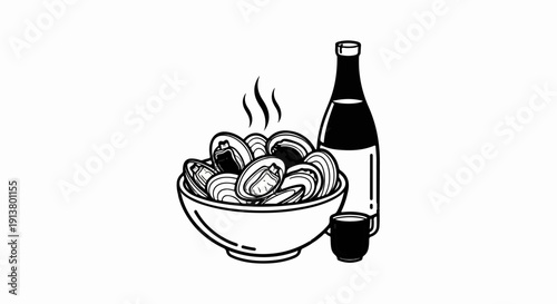 Steaming bowl of shellfish with a bottle and small cup