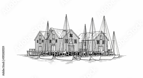 Sketch of waterfront buildings on stilts with sailboats moored nearby