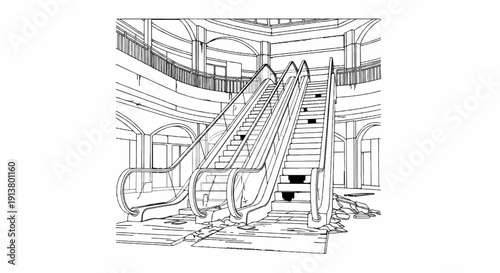 Sketch of two escalators in an abandoned interior with debris on the floor