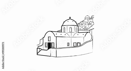 Sketch of white buildings with domes on a hillside overlooking the sea