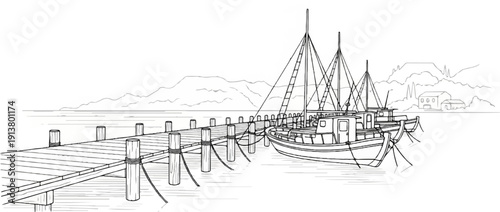 Sketch of wooden pier with boats at sea, hills in background