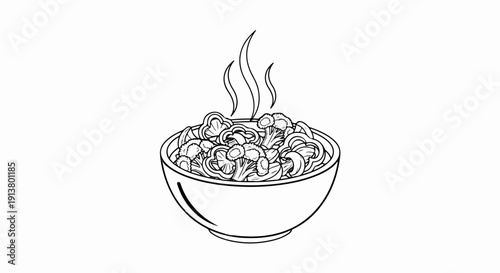 Steaming bowl of vegetable stir-fry with noodles, bell peppers, and broccoli