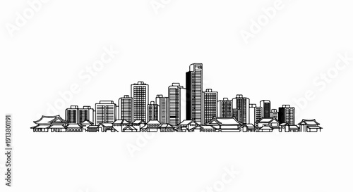 Sketchy cityscape blending traditional East Asian architecture with modern skyscrapers