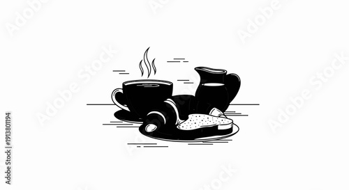 Steaming coffee, flaky croissants, and a pitcher of cream served on a plate