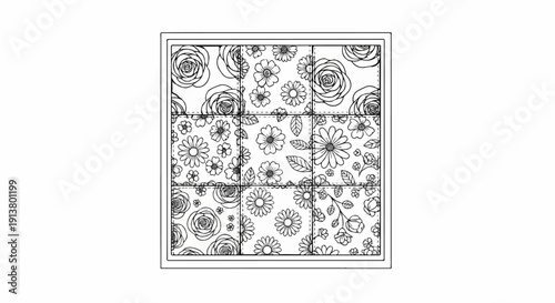 Sketchy floral pattern divided into nine square sections within a border