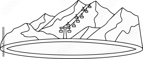 Ski lift ascending majestic snow-capped mountains above a serene frozen lake