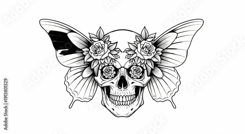 Skull adorned with roses and butterfly wings, a gothic illustration