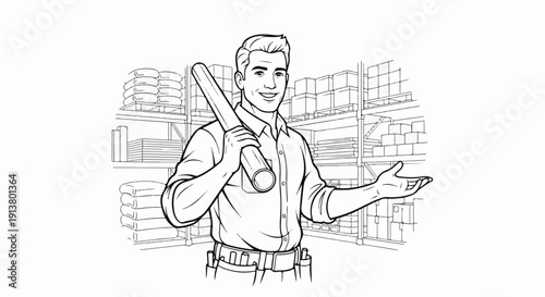 Store worker holding pipe with shelves of materials behind him