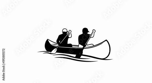 Silhouetted figures paddle a canoe across water