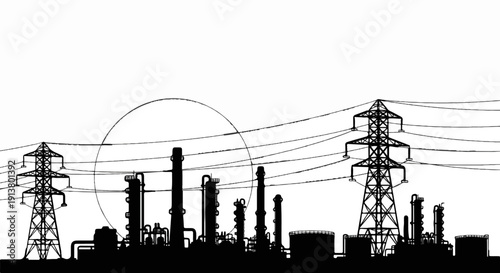 Silhouetted industrial complex with towers and electrical lines against a bright sky