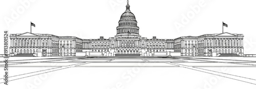 Striking line art sketch of a grand neoclassical building with a prominent dome