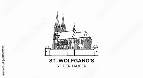 Stylized black and white line drawing of a Gothic church with spires and towers