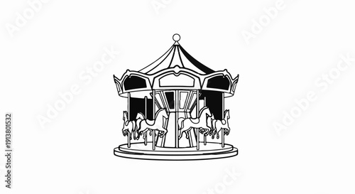 Stylized black and white illustration of a classic carousel with horses