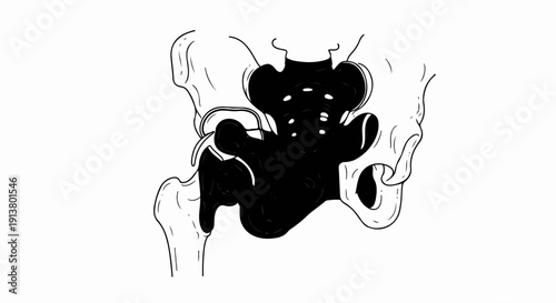 Stylized black and white line drawing of a human pelvis and hip joint