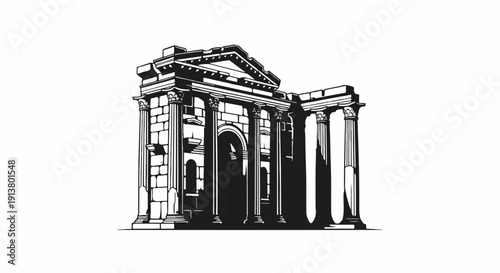 Stylized black and white illustration of a classical Roman archway